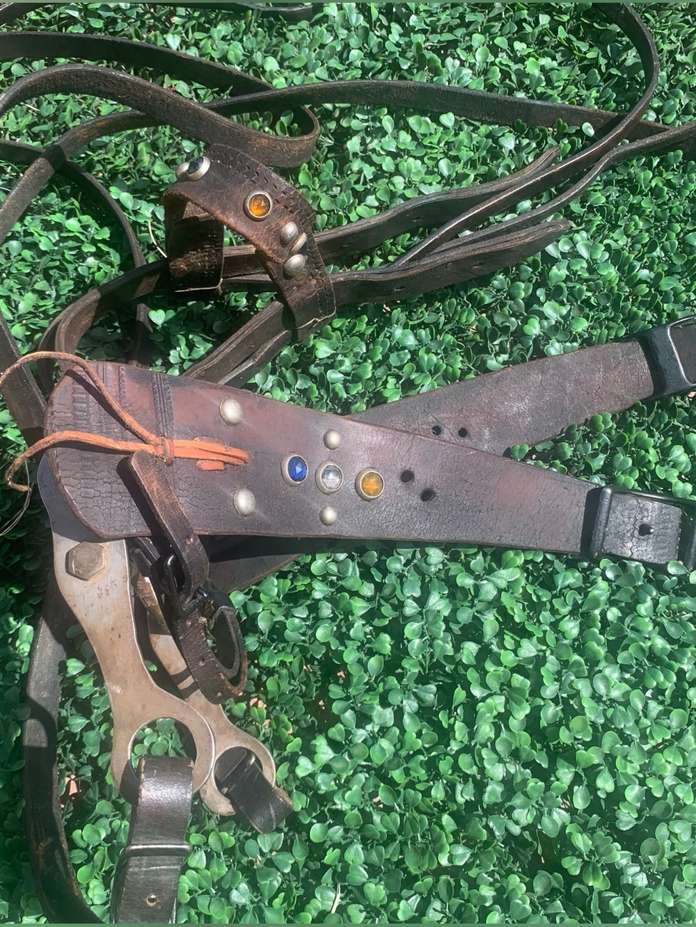 Antique 30s 40s Jewel Metal Studded Dark Leather Horse Bridle & Bit